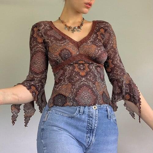 Summer Fashion Vintage Lace Mesh Tops Floral Print Y2K T-Shirts Woman Half Flare Sleeve V Neck Elegant Brown Tee Shirts