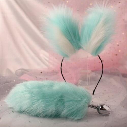 Cute Multi-color Short Bunny Tail and Headgear Ladys Anal Massager Animal Role Playing Erotic Accessories for Couples Flirting