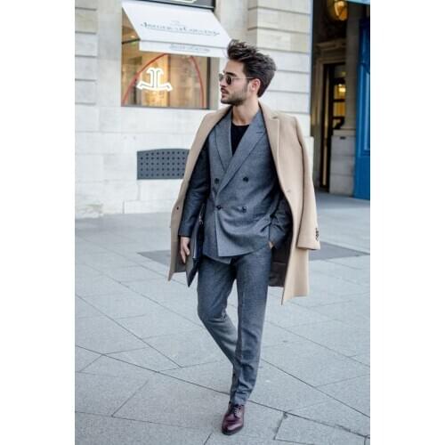 Latest Coat Pant Designs Grey Double Breasted Tweed Tuxedo Slim Fit Skinny 2 Piece Men Suit Custom Suits Simple Blazer Vestidos