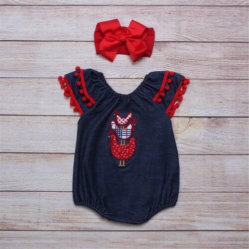 2021 New Summer Style Pure Cotton Baby Girls Romper Dark Blue Small Fying Sleeve With Embroidered Girl Boutique Clothing