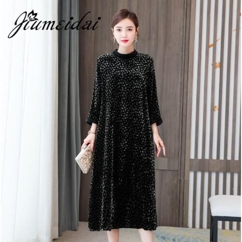 JiuMeiDai New Women A-Line Velvet Dress Office Lady Elegant Half Turtleneck Long Dresses Female Vintage Party Clothing Plus Size
