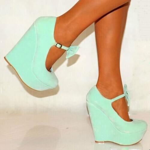 SHOFOO shoes,Beautiful womens shoes, suede, bow decoration, about 14.5cm high-heeled womens shoes, wedges womens shoes