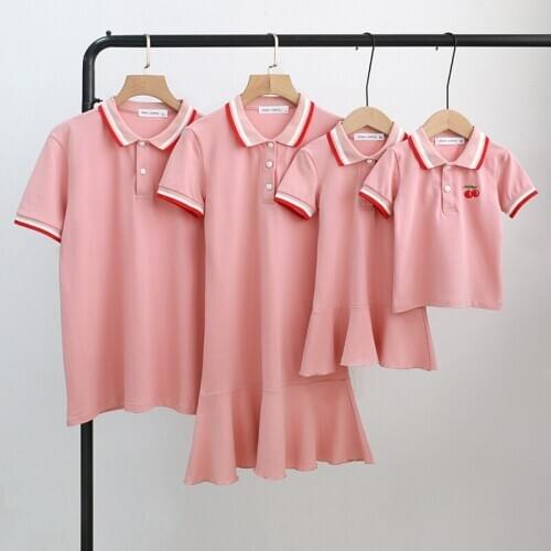 Family Matching Clothes 2021 Summer Mother and Daughter Matching Dress Lapel Cotton Short Sleeve Tshirt for Father Mom and Son