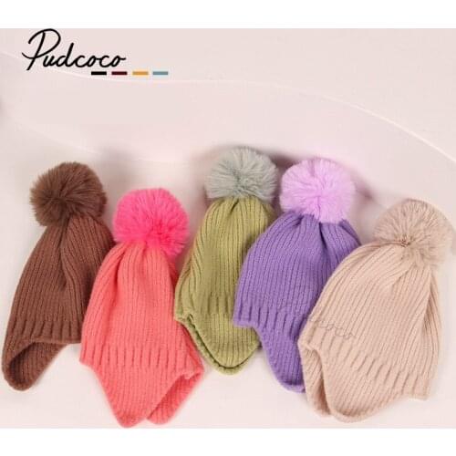 1-6Years Baby Gilrs Knitted Solid Hats Winter Warm Soft Ear Protect Caps Fuzzy Ball Decoration Hats