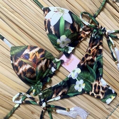 Sexy 2 Pieces Bathing Suit Women Floral Print Micro Bikini Thong Swimsuit 2020 Swim Wear Halter Bikini Swim Suit Women Biquini