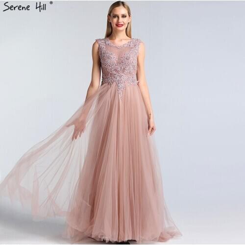 Pink O-Neck Pearls Crystal Sexy Prom Dresses Real Photo A-Line Sleeveless Tulle Prom Gowns 2020 Serene Hill BLA60981
