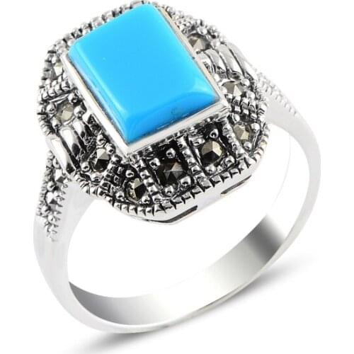 Silver 925 Sterling Turquoise & Marcasite Ring