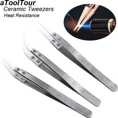 Anti-Static Stainless Steel Ceramic Tip Tweezers Heat Resistant Insulated Repairing Rhinestones Precision Tweezers Soldering SMD