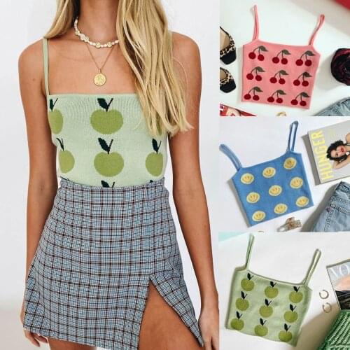 Missnight Cartoon Print Knitted Crop Top Spaghetti Strap Tank Top Women Backless Cropped Camisole Fashion Streetwear 2021