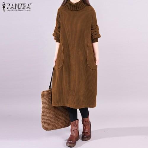 2021 Spring Solid Corduroy Dress ZANZEA Vintage Long Sleeve Vestidos Women Turtleneck Party Sundress Female Tunic Robe Kaftan