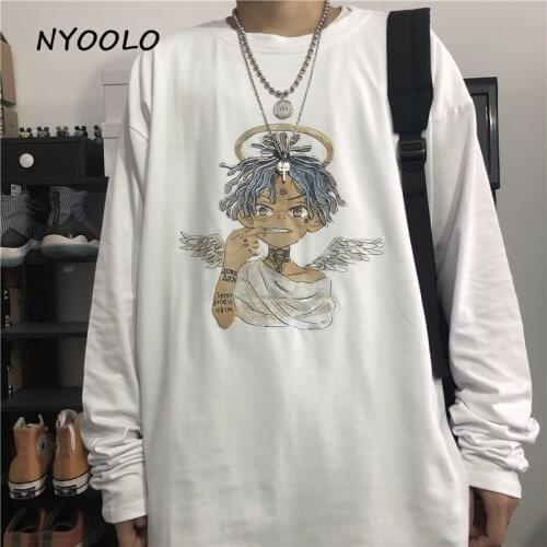 NYOOLO Vintage cartoon angel print tee shirt Autumn loose long sleeve t-shirt women men clothing tops Harajuku style tee