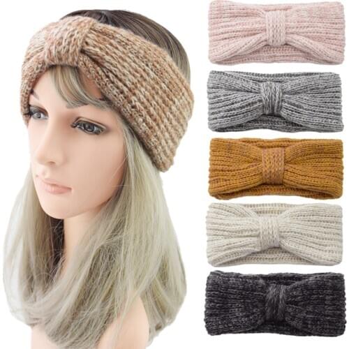Knitted Mixed Color Mohair Bow Headband Sports Ear Protection Headgear Handmade Hair Accessories Warm Woolen Headband