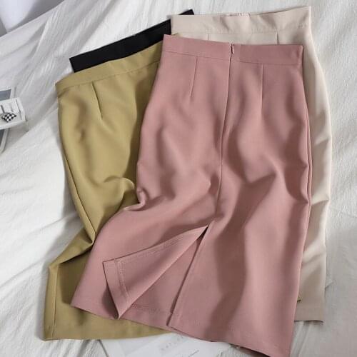 Skirts Womens 2021 Solid Knee-Length Skirt Office Ladies Elegant Chic Skirts Korean Fashion Clothing High Waist Split Fork Skirt