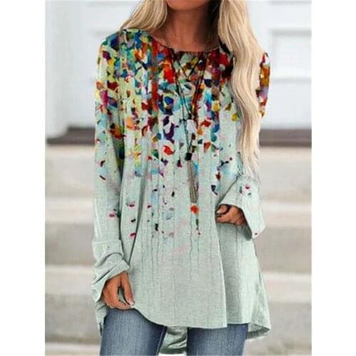 Womens Animal Cross Gradient Geometry Print Long Sleeve T-shirt Women Fashion Sweatshirts Tops Casual Round Neck Loose Pullover