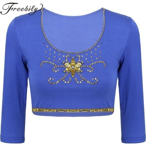 Belly Dancing Female Elegant Sequins Beads Crop Tops Practice Clothing O Neck 3/4 Sleeve T-Shirt Women Performance Costume Chic