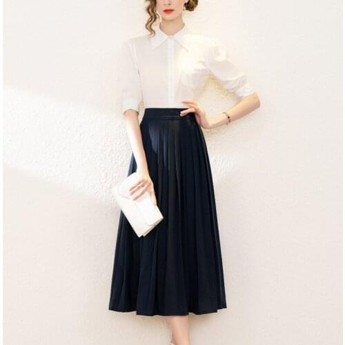 Skirt Suits Women Summer 2021 New Turn Down Collar Half Sleeves White Shirt Top +High Waist Solid Color Midi Skirt Two Piece Set