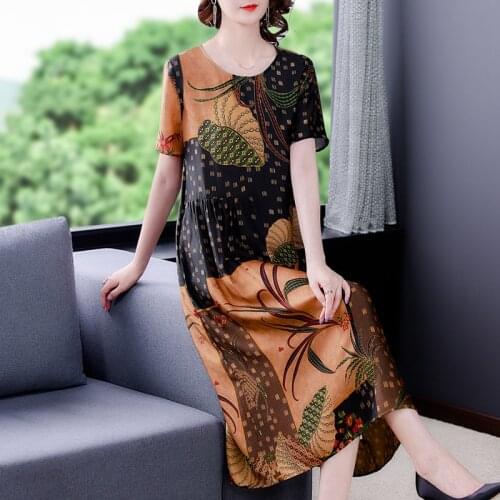 Loose Casual 4XL Plus Size Satin Sundress Summer Women Print Mulberry Silk Vintage Midi Dress 2021 Elegant Bodycon Party Vestido