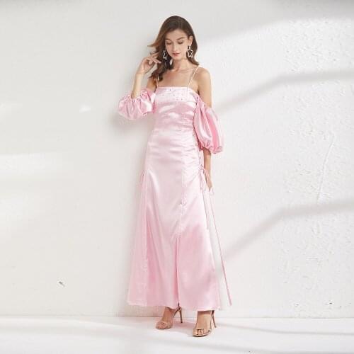 2021 Off Shoulder Pink Dress 2021 Summer Fashion Sexy Spaghetti Strap Backless Elegant Women Party Formal Maxi Prom Dress A Line