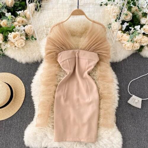 Women Mesh Pleated Stitching Dress New Long Sleeve Temperament Slim Short Fashion Tide 2021 Spring Summer Zipper Dresses