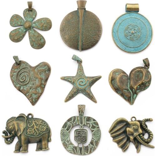 2pcs Verdigris Patina Antique Greek Bronze Large Heart Swirl Spiral Flower Elephant Charms Pendant For Necklace Jewelry Findings