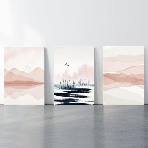 Abstract Landscape Wall Art Print for Bedroom Decor Pink Mountains Blue Sea Art Print Home Decorative Canvas Paintings Posters
