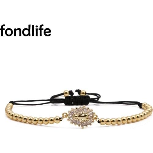 Shiny AAA Cubic Zirconia Stones Beauty Image Charm Bracelet Women Gold-plated 4mm Copper Beads Black Cord Macrame Jewelry Gift