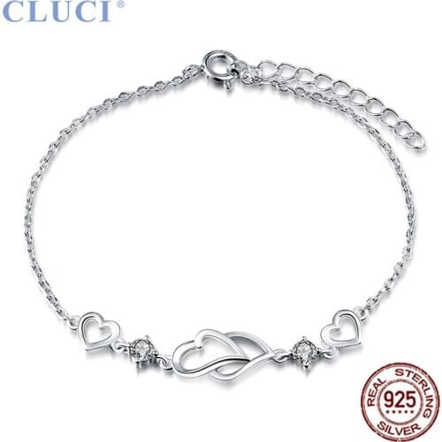 CLUCI Silver 925 Pendant Necklace Adjustable Chain Length Women Double Heart Bracelet 925 Sterling Silver Jewelry DB001SB