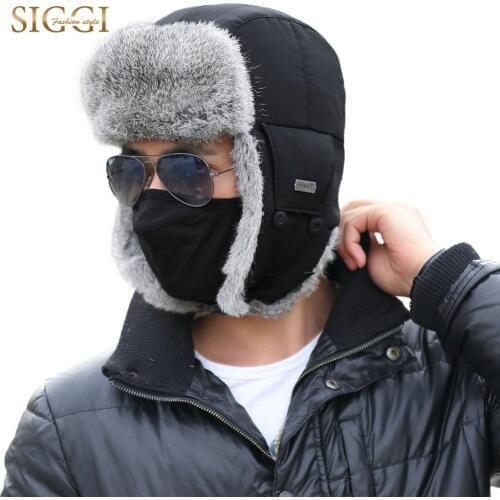 FANCET Mens Bomber Hats Trapper Ushanka Russian Ear Flaps Waterproof Windproof Cap 100% Rabbit Fur Nylon Shell Sitka 69185