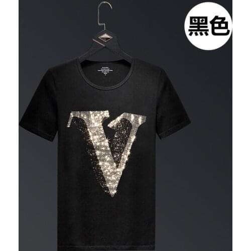 Letter Rhinestones T Shirts Men Brand Short Sleeve Fashion Man Streetwear O Neck Slim Modal Cotton Tshirts Plus Size