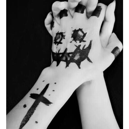 2PC Black Clown Temporary Tattoo Stickers Block Hand Finger Fake Tatoo For Men Funny Face Decals Grimace