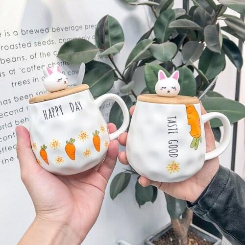 Korean cute cartoon rabbit ceramic mug for women office scoop carrot breakfast milk cup with cover