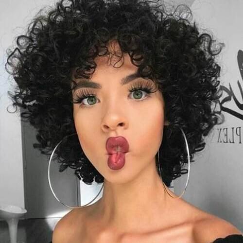 Rebecca Short Curly Human Hair Wigs For Black Women Peruvian Remy Full Wigs With Bangs Bouncy Curl Blond Red Black Cosplay Wigs