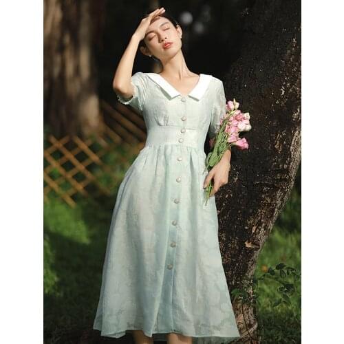 Summer Womens Japanese Girl Pastoral Style Doll Collar Slim Dress Literary Small Fresh Art Puff Sleeve Mid-Length Dress