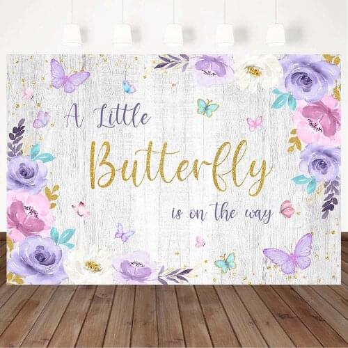 Mocsicka Grey Wood Newborn Baby Shower Photography Backdrops Flower A Little Butterfly Is On The Way Photo Background Photoshoot