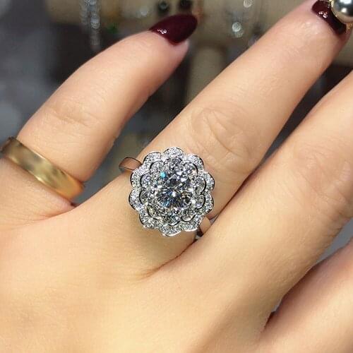 Fashion luxury flower shape zircon diamonds gemstones ring for women white gold silver color jewelry bijoux party accessories