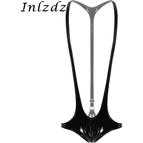 Mens Lingerie Wet Look Patent Leather Open Chest Racer Back Jockstrap Leotard Underwear Jumpsuits Wrestling Singlet Bodysuit