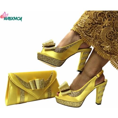 Yellow Color New Arrivals Elegant Style African Women Shoes and Bag to Match with Appliques Comfortable High Heels Sandals