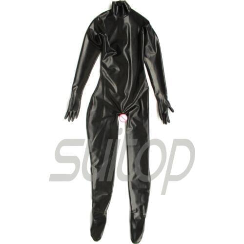 New design 100% nature latex catsuit Teddies wtih latex one red condom on cortch gloves and socks attahced back zip to waist