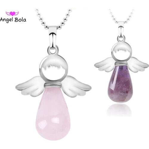 Angel Wings Natural Stone Necklaces Pink Quartz Lapis Lazuli Angels Pendants for Women Girl Purple Female Jewelry Gift