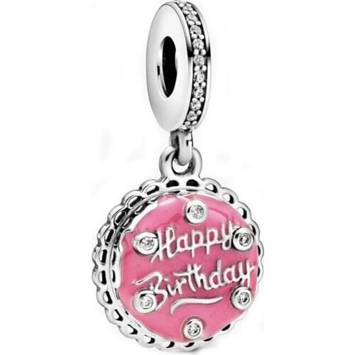 Authentic 925 Sterling Silver Pink Birthday Cake Dangle pan Charm Fit Original Bracelets For Women DIY Jewelry Beads