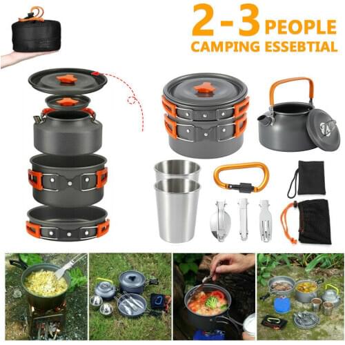 Camping Cookware Mess Kit with Mini Stove Lightweight Pot Pan Kettle with 2 Cups Fork Knife Spoon Kit for Outdoor Dinnerware Set