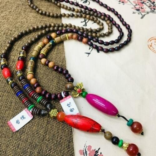 Zheru natural cinnabar carved red good luck bead pendant with three-color bead necklace fine men and women retro sweater chain