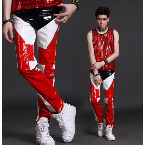 Stage black red white splice fashion personality slim mens pants motocross leather pant men feet trousers singer dance rock