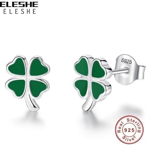 ELESHE Wholesale 100% 925 Sterling Silver Green Enamel Lucky Clover Stud Earring For Women Girls Making Jewelry Party Gift