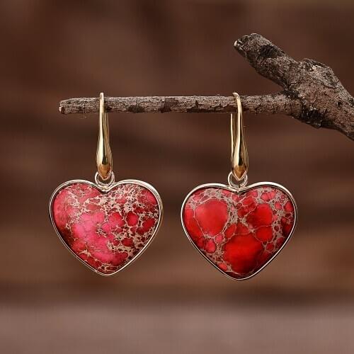 Pink Red Natural Stones Drop Earrings for Women Heart Jaspers Dangle Earring Handmade Art Jewelry