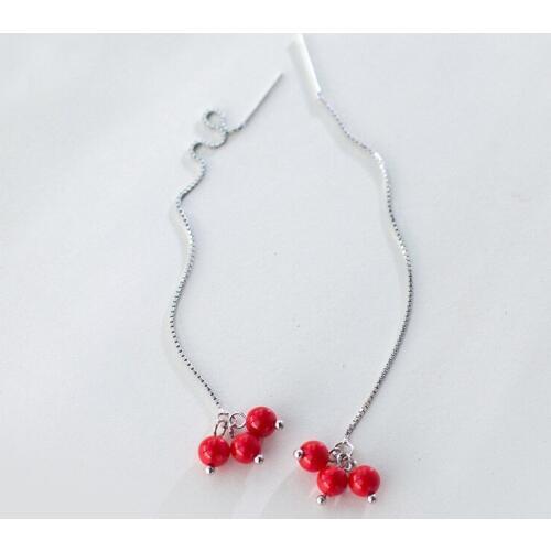 MloveAcc Real 925 Sterling Silver Earrings for Women Red Pearls Earrings Long Geometric Drop Earrings Jewelry
