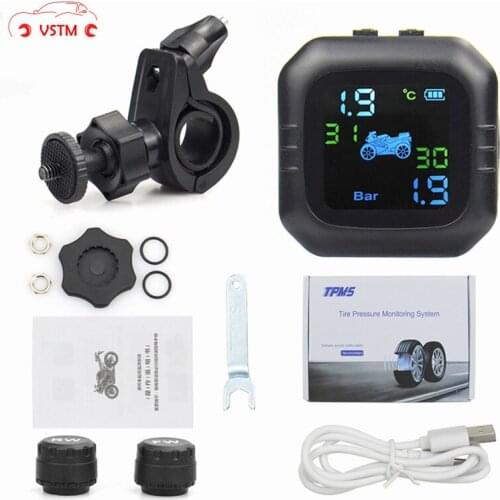 USB Solar Charging Motorcycle TPMS Motor Tire Pressure Tyre Temperature Monitoring Alarm System with 2 External Sensors