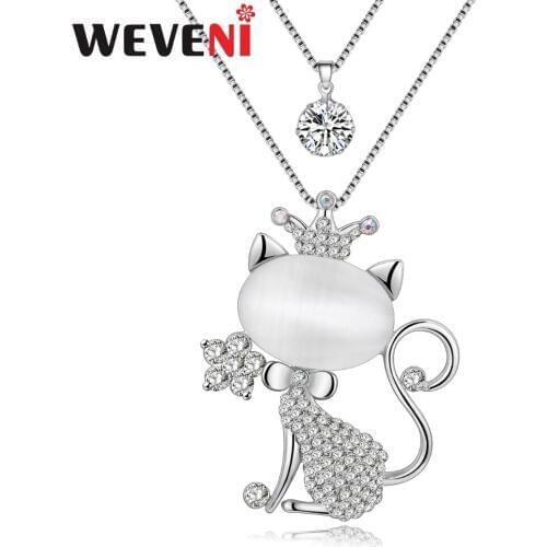 WEVENI Statement Cat Necklaces Pendants Long Rhinestone Kitten Chain Collar Choker New Fashion Jewelry For Women Christmas Gift