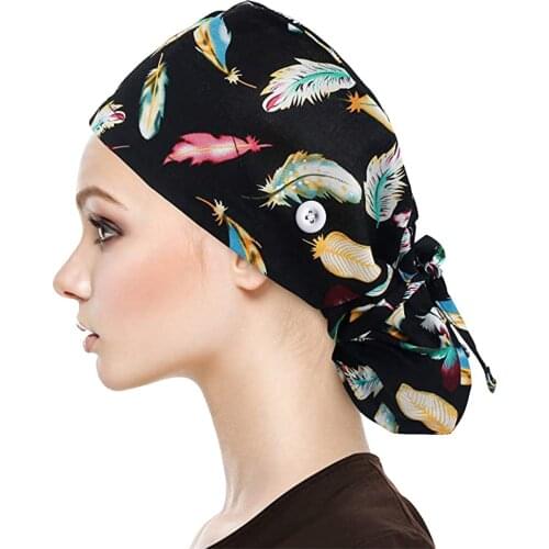 Women Personality Printing Dust-proof Adjustable Hat Beautician Gourd Cap Buttons Bouffant Sweatband Ladies Hat