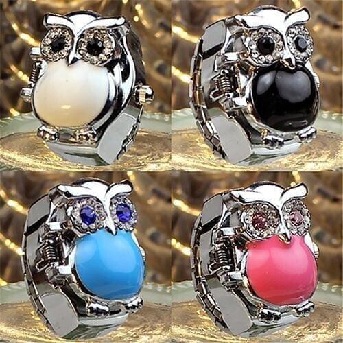 Women Girl Shiny Rhinestone Owl Case Stainless Steel Elastic Finger Ring Watch Fashion Vintage Watch Clock Female Men Rings Fing